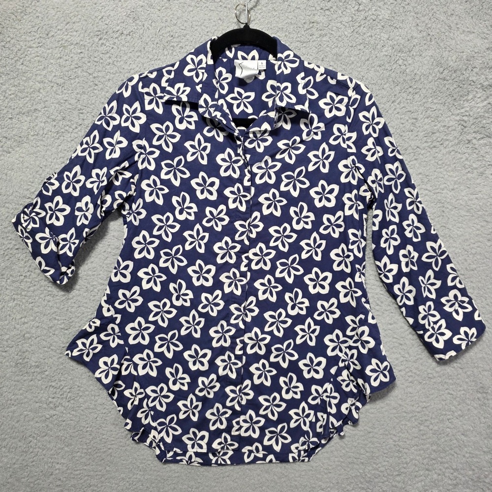 Finley Womens Floral Button Up Ruffle Dress Top Small Navy White Long‎ Sleeve